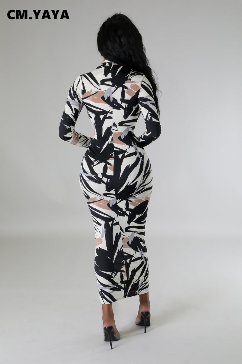 CM.YAYA Γυναικεία εμπριμέ πλεκτά με ριμπ μακρυμάνικο Bodycon Midi Maxi Φόρεμα γενεθλίων 2023 OL Βραδινά σέξι φορέματα για πάρτι Vestidos