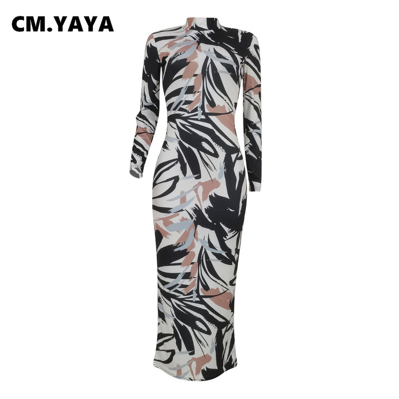 CM.YAYA Γυναικεία εμπριμέ πλεκτά με ριμπ μακρυμάνικο Bodycon Midi Maxi Φόρεμα γενεθλίων 2023 OL Βραδινά σέξι φορέματα για πάρτι Vestidos