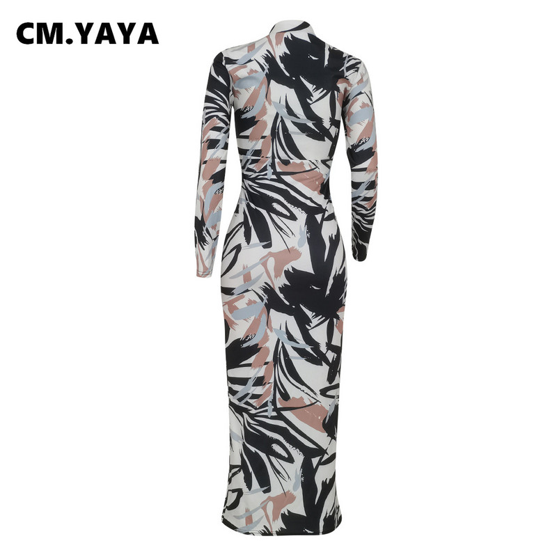 CM.YAYA Γυναικεία εμπριμέ πλεκτά με ριμπ μακρυμάνικο Bodycon Midi Maxi Φόρεμα γενεθλίων 2023 OL Βραδινά σέξι φορέματα για πάρτι Vestidos