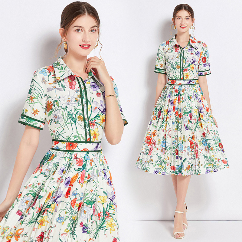 Nyári kifutó pólóruha Női lehajtható nyakú, rövid ujjú, egysoros zöld virágmintás Pliszírozott party Vestidos N8431