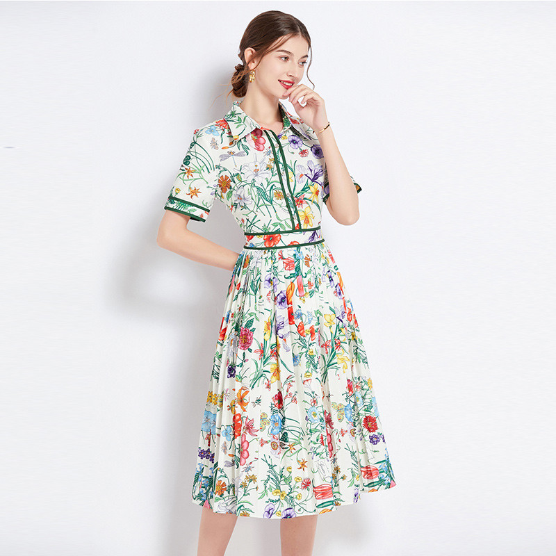 Nyári kifutó pólóruha Női lehajtható nyakú, rövid ujjú, egysoros zöld virágmintás Pliszírozott party Vestidos N8431