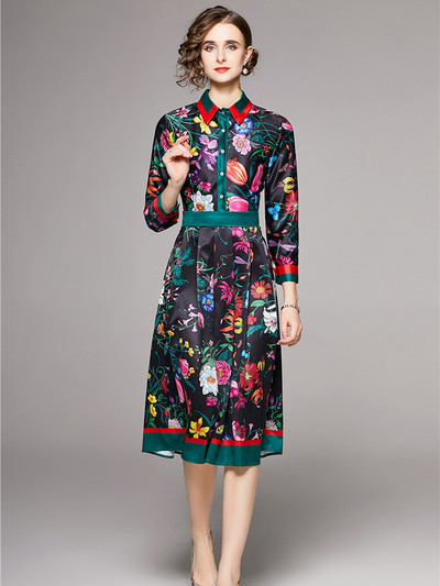 Vintage pólófedő virágmintás női ruha, egysoros csuklós ujjú, fitt és kiszélesedő karcsú swing party elegáns Midi Vestidos