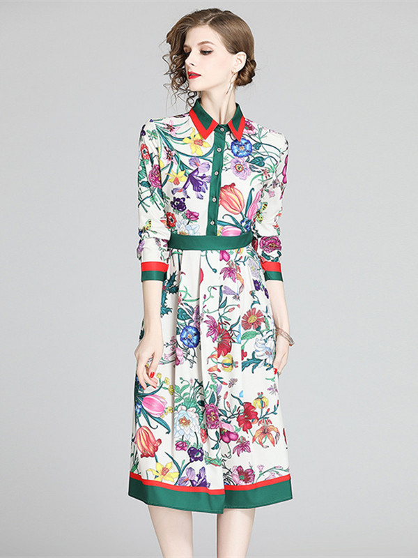 Vintage pólófedő virágmintás női ruha, egysoros csuklós ujjú, fitt és kiszélesedő karcsú swing party elegáns Midi Vestidos
