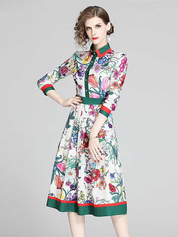 Vintage pólófedő virágmintás női ruha, egysoros csuklós ujjú, fitt és kiszélesedő karcsú swing party elegáns Midi Vestidos
