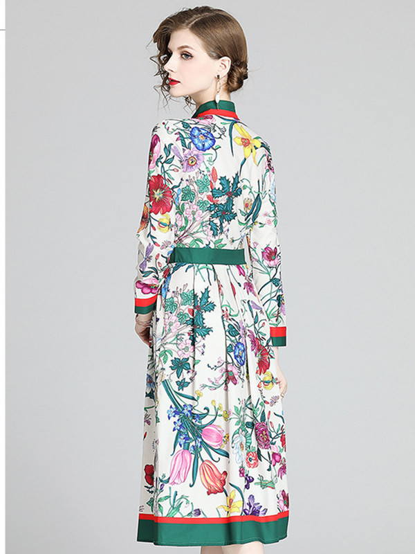 Vintage pólófedő virágmintás női ruha, egysoros csuklós ujjú, fitt és kiszélesedő karcsú swing party elegáns Midi Vestidos