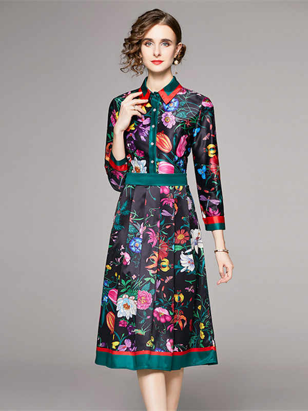 Vintage pólófedő virágmintás női ruha, egysoros csuklós ujjú, fitt és kiszélesedő karcsú swing party elegáns Midi Vestidos