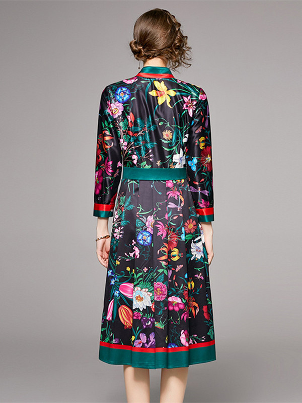 Vintage pólófedő virágmintás női ruha, egysoros csuklós ujjú, fitt és kiszélesedő karcsú swing party elegáns Midi Vestidos