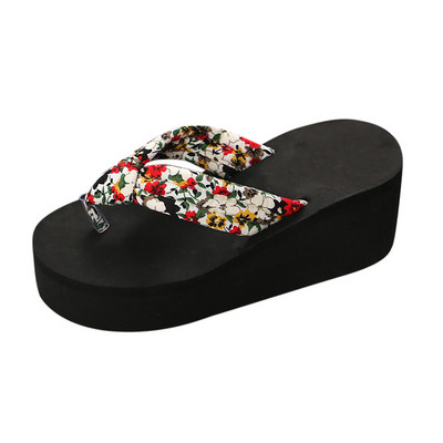 Nyári virágmintás papucsok Női Bohém szatén hevederes Platform Wedge Flip Flops Outdoor Vastag Alsó Strandcipők Szandálok