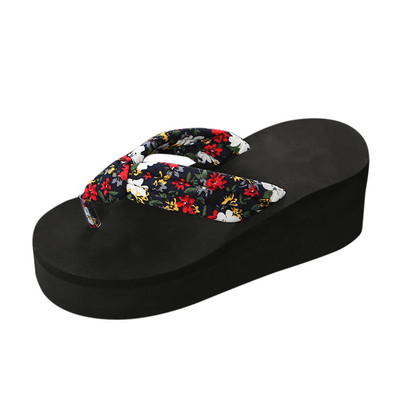 Nyári virágmintás papucsok Női Bohém szatén hevederes Platform Wedge Flip Flops Outdoor Vastag Alsó Strandcipők Szandálok