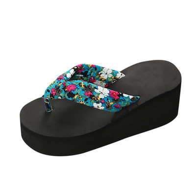 Nyári virágmintás papucsok Női Bohém szatén hevederes Platform Wedge Flip Flops Outdoor Vastag Alsó Strandcipők Szandálok