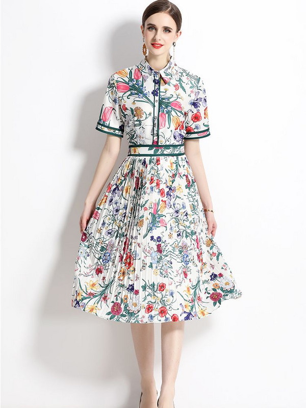 Nyári Runway virágmintás midi ruha Női lehajtható nyakú, rövid ujjú High Street alkalmi parti A vonalú ingruha N2056