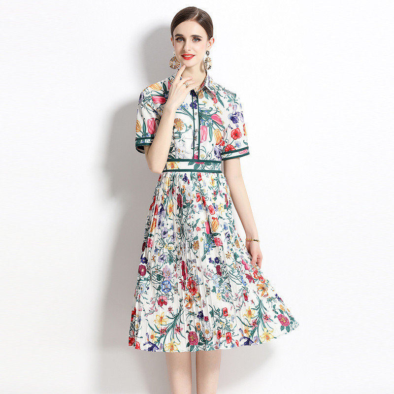 Nyári Runway virágmintás midi ruha Női lehajtható nyakú, rövid ujjú High Street alkalmi parti A vonalú ingruha N2056