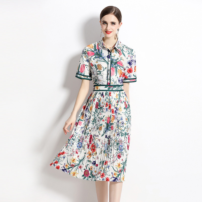 Nyári Runway virágmintás midi ruha Női lehajtható nyakú, rövid ujjú High Street alkalmi parti A vonalú ingruha N2056