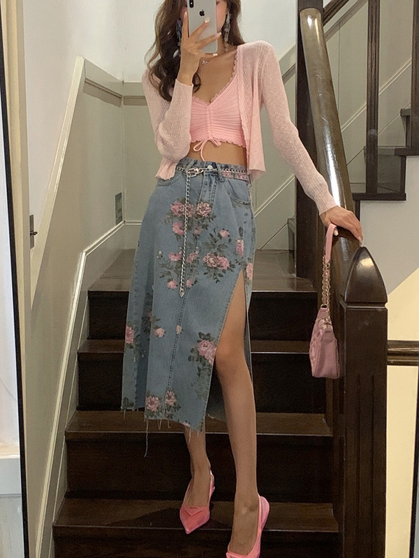 Μακριά σπαστό τζιν γυναικεία φούστα με ψηλή μέση Κορεάτικη μόδα Σέξι ίσια τζιν φούστα με φλοράλ στάμπα Streetwear Καλοκαίρι 2023