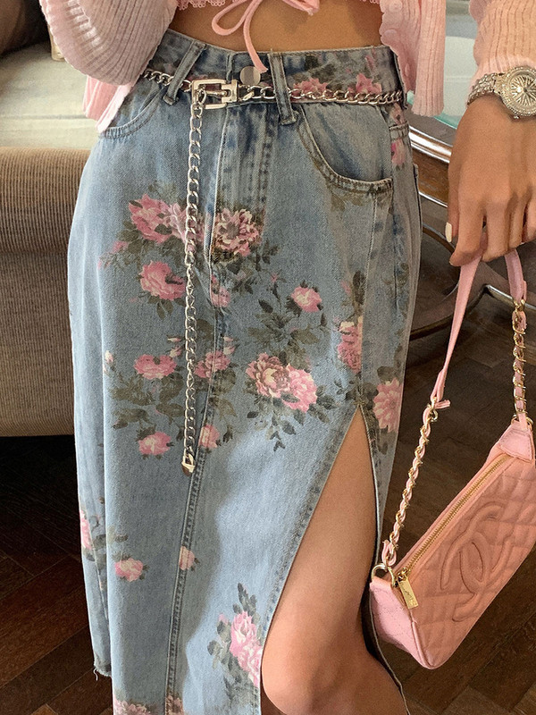 Μακριά σπαστό τζιν γυναικεία φούστα με ψηλή μέση Κορεάτικη μόδα Σέξι ίσια τζιν φούστα με φλοράλ στάμπα Streetwear Καλοκαίρι 2023