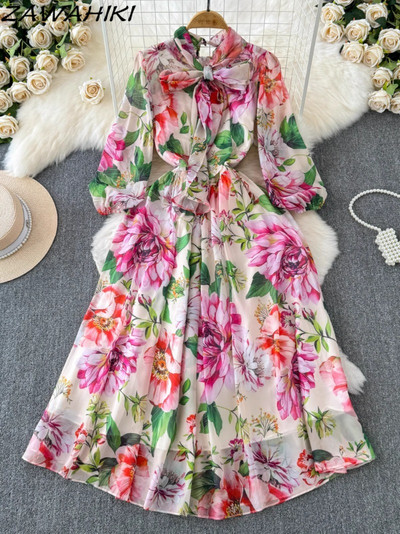 Női ruha tavaszi nyári nyomat magas derekú koreai temperamentum Vestido De Mujer hosszú ujjú csípős A-vonalú New Arrive Sweet