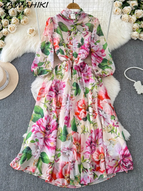 Női ruha tavaszi nyári nyomat magas derekú koreai temperamentum Vestido De Mujer hosszú ujjú csípős A-vonalú New Arrive Sweet