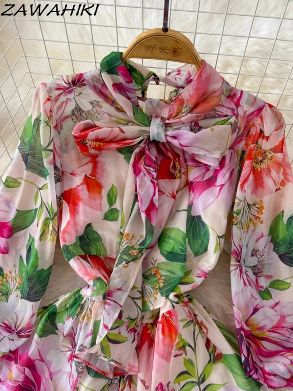 Női ruha tavaszi nyári nyomat magas derekú koreai temperamentum Vestido De Mujer hosszú ujjú csípős A-vonalú New Arrive Sweet