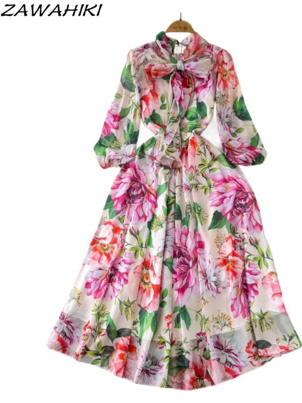 Női ruha tavaszi nyári nyomat magas derekú koreai temperamentum Vestido De Mujer hosszú ujjú csípős A-vonalú New Arrive Sweet