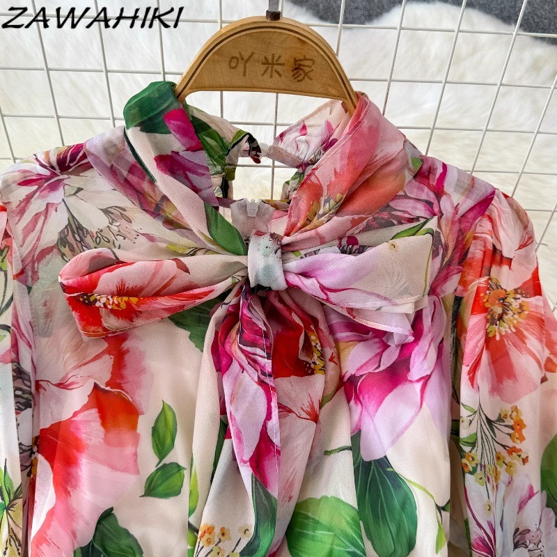 Női ruha tavaszi nyári nyomat magas derekú koreai temperamentum Vestido De Mujer hosszú ujjú csípős A-vonalú New Arrive Sweet