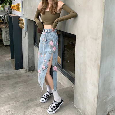 2023 tavaszi és nyári divatos virágos hasított farmerszoknya női 5XL enyhén kövér MM vékony táska csípő középhosszú A-vonalú szoknya