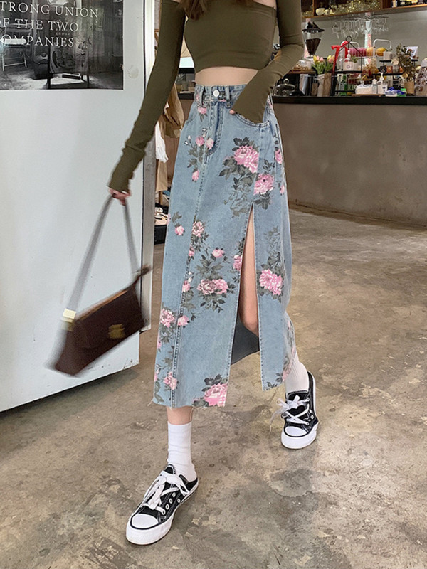 2023 tavaszi és nyári divatos virágos hasított farmerszoknya női 5XL enyhén kövér MM vékony táska csípő középhosszú A-vonalú szoknya