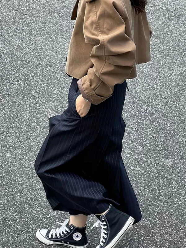 Divat csíkos öltöny, hajtogatott szoknya női 2023 Harajuku irodai női magas derekú szoknyák Y2k utcai viselet zsebben vékony, hosszú szoknyák