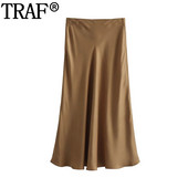 TRAF szatén szoknya női magas derekú hosszú szoknyák nőknek Elegáns őszi barna szoknya Stílusos midi női szoknyák őszi női szoknyák