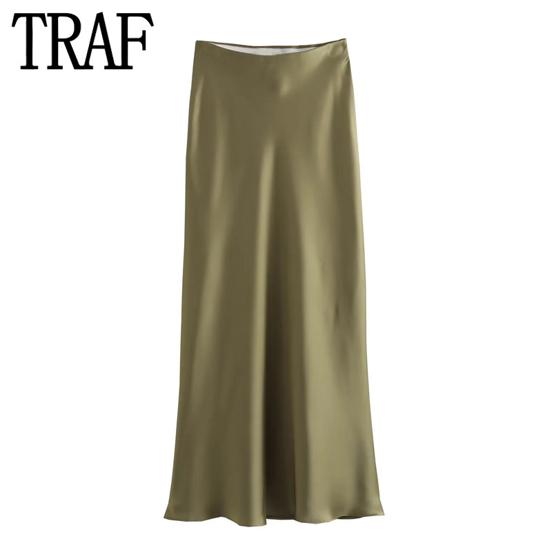 TRAF szatén szoknya női magas derekú hosszú szoknyák nőknek Elegáns őszi barna szoknya Stílusos midi női szoknyák őszi női szoknyák