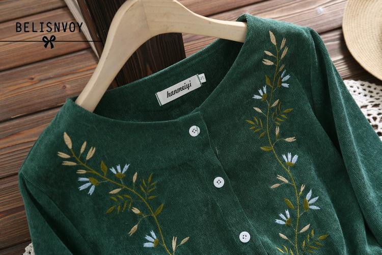 Mori Girl Vintage kordbársony női ingruha Virágos hímzés Elegáns őszi téli ruhák Midi ruhák újévre