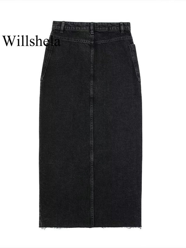 Willshela női divat zsebekkel farmer fekete elülső cipzáras Midi szoknyák Vintage magas derekú női elegáns női hosszú szoknyák