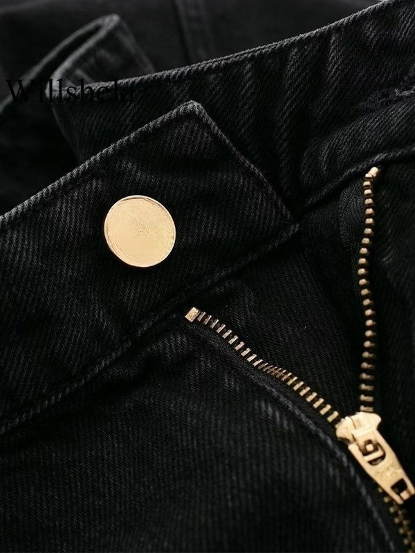 Willshela női divat zsebekkel farmer fekete elülső cipzáras Midi szoknyák Vintage magas derekú női elegáns női hosszú szoknyák