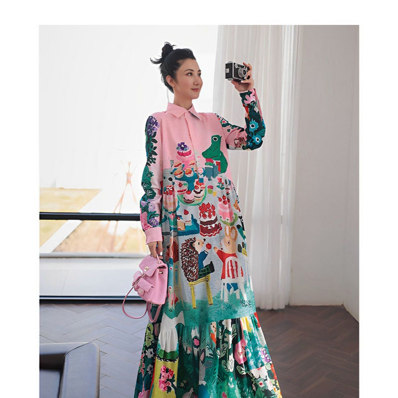 Női alkalmi midi ing ruha, hosszú ujjú Új jövevények Divattervezés Rajzfilm Nyomtatott Hölgy utcai ruházat Virágos Vestidos nagy méret