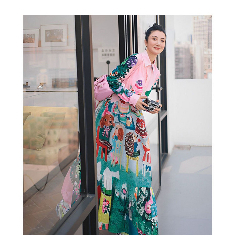 Női alkalmi midi ing ruha, hosszú ujjú Új jövevények Divattervezés Rajzfilm Nyomtatott Hölgy utcai ruházat Virágos Vestidos nagy méret
