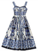 Nyári ünnep, kék-fehér porcelán virágmintás pamut ruha női spagetti pántos cipzár Elasztikus hát nélküli Midi Vestidos