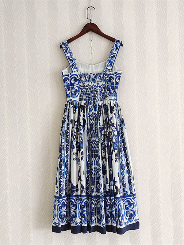 Nyári ünnep, kék-fehér porcelán virágmintás pamut ruha női spagetti pántos cipzár Elasztikus hát nélküli Midi Vestidos