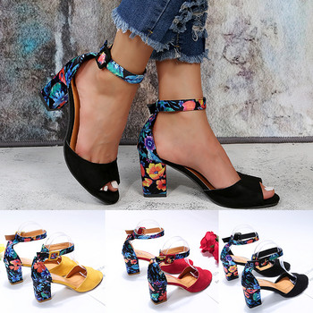 2023 Модни дамски черни сандали на висок ток с цвят на цветя, дамски помпи, обувки с платформа с каишка на глезена, 35-43