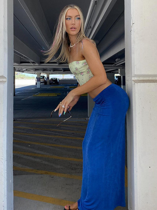 Y2K Bodycon Midi szoknya Kék hosszú szoknya Női Ruhák Divat Basic Solid Green Őszi Téli Utcai viselet Alacsony derekú ceruzaszoknya