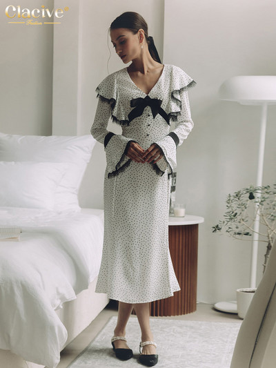 Clacive szexi vékony nyomtatású női ruha 2023-as divatos V-nyakú, hosszú ujjú midi ruhák Vintage klasszikus csipkével összefűzött női ruha