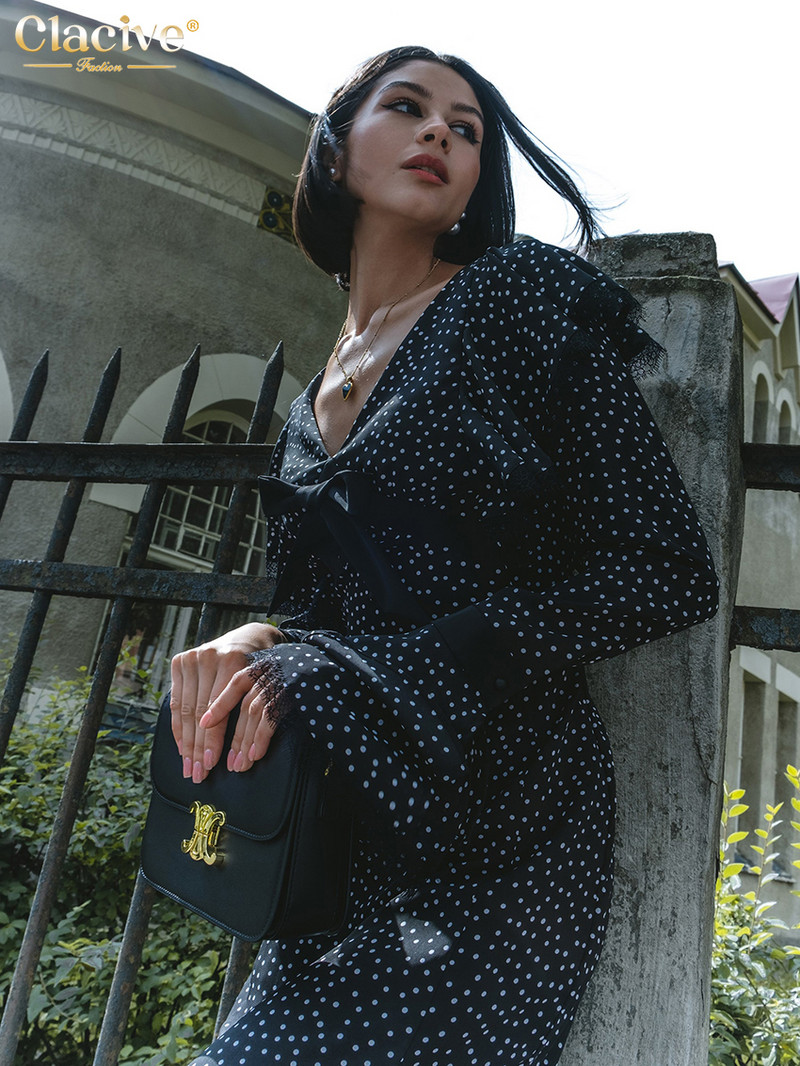 Clacive szexi vékony nyomtatású női ruha 2023-as divatos V-nyakú, hosszú ujjú midi ruhák Vintage klasszikus csipkével összefűzött női ruha