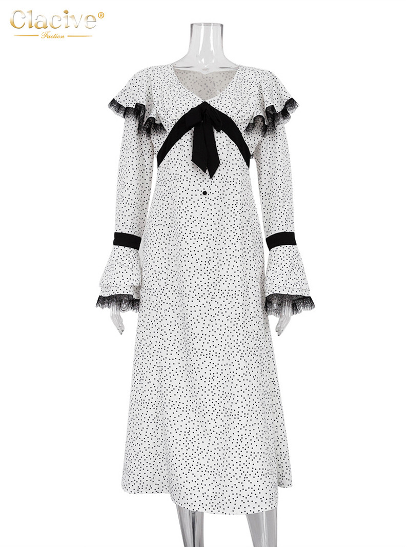 Clacive szexi vékony nyomtatású női ruha 2023-as divatos V-nyakú, hosszú ujjú midi ruhák Vintage klasszikus csipkével összefűzött női ruha