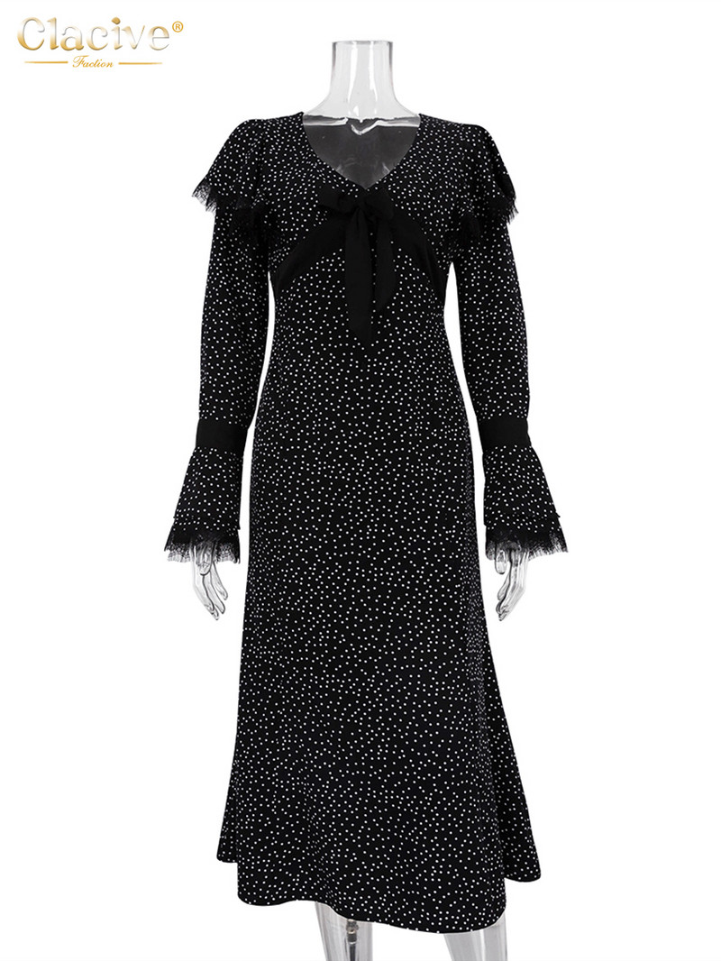 Clacive szexi vékony nyomtatású női ruha 2023-as divatos V-nyakú, hosszú ujjú midi ruhák Vintage klasszikus csipkével összefűzött női ruha