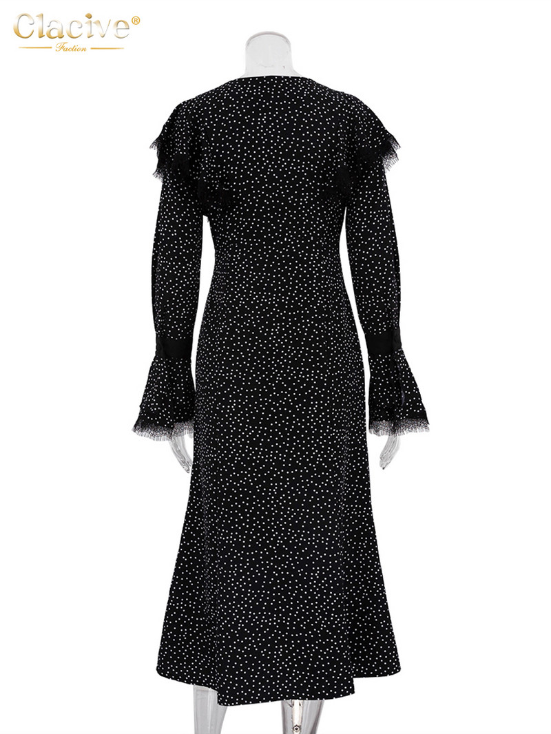 Clacive szexi vékony nyomtatású női ruha 2023-as divatos V-nyakú, hosszú ujjú midi ruhák Vintage klasszikus csipkével összefűzött női ruha