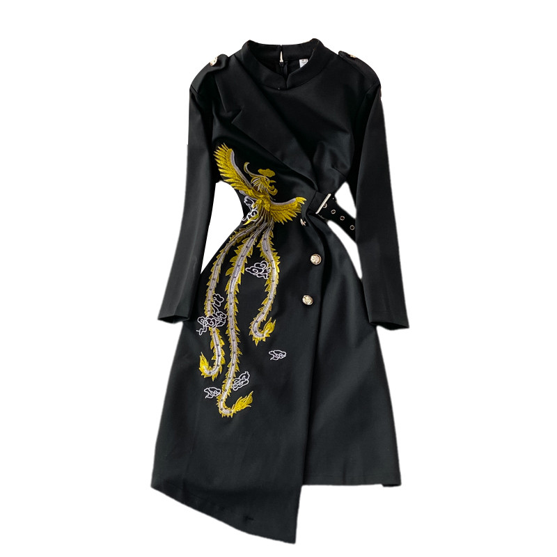 Neploe 2024 őszi vintage köntös női hímzett szabálytalan gombos Vestido állvány nyakú, hosszú ujjú Midi derék ruhák övvel