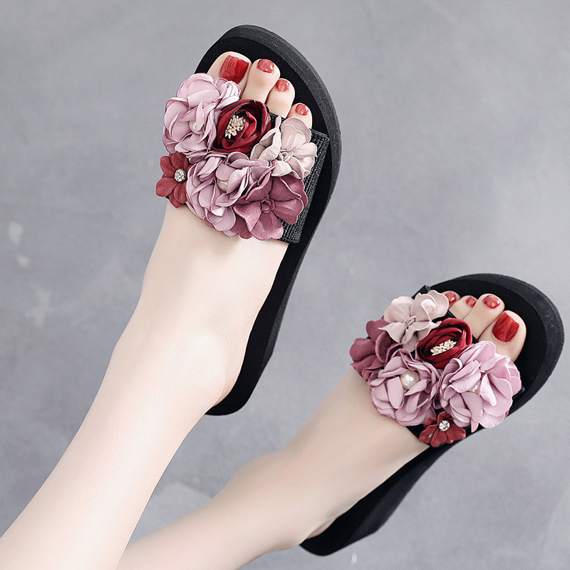 BEYARNELitthing kézzel készített nyári divat női virág lábujjcsipesz papucs csúszásmentes ék strandpapucs női cipő