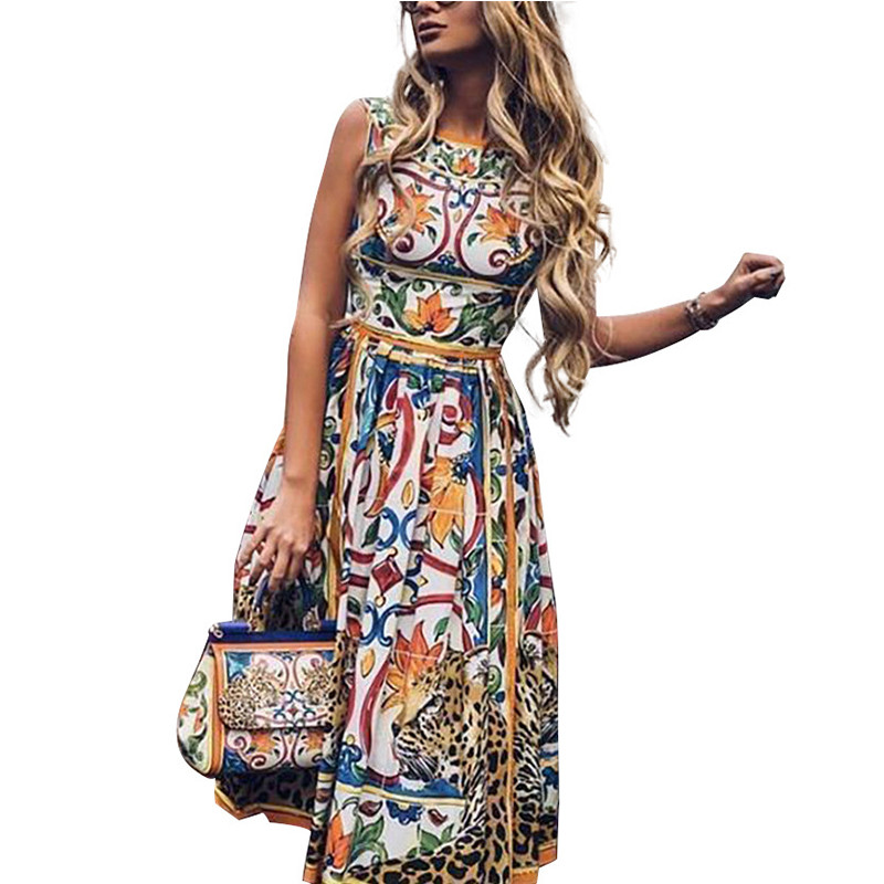 Vintage mintás kerek nyakú, lábszárközép ujjatlan Empire női ruházat nyári új divat temperamentum Harajuku elegáns midi ruha