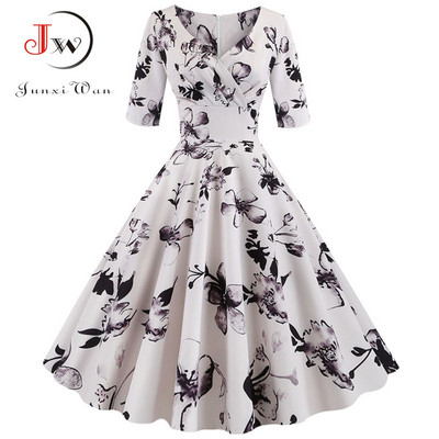 Női nyári ruha alkalmi fél ujjú elegáns vintage irodai buli virágmintás Midi sundress vestidos