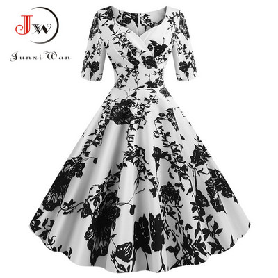 Női nyári ruha alkalmi fél ujjú elegáns vintage irodai buli virágmintás Midi sundress vestidos