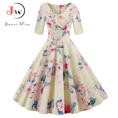 Női nyári ruha alkalmi fél ujjú elegáns vintage irodai buli virágmintás Midi sundress vestidos