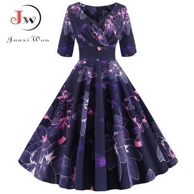 Női nyári ruha alkalmi fél ujjú elegáns vintage irodai buli virágmintás Midi sundress vestidos